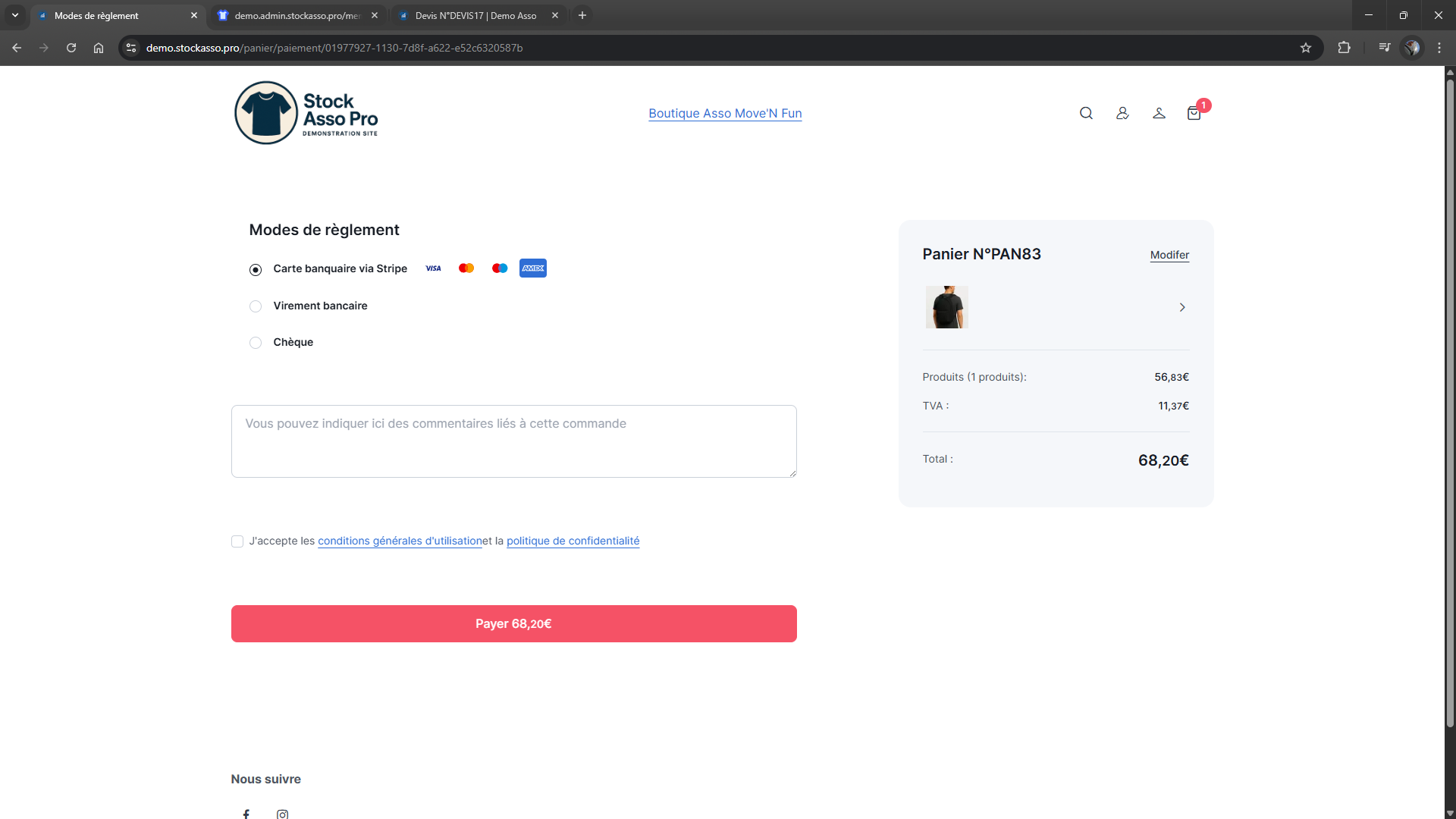 Paiement en ligne CB ou virement